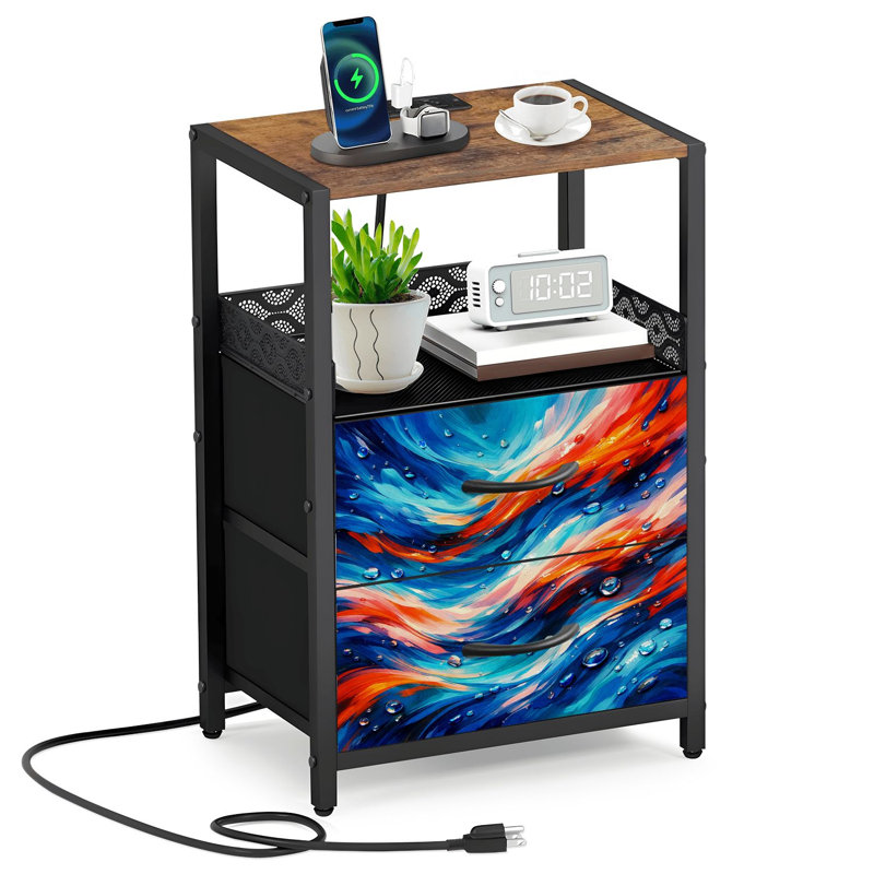  Table de chevet 24,2 po à 2 tiroirs à vagues abstraites bleues et orange avec station de charge