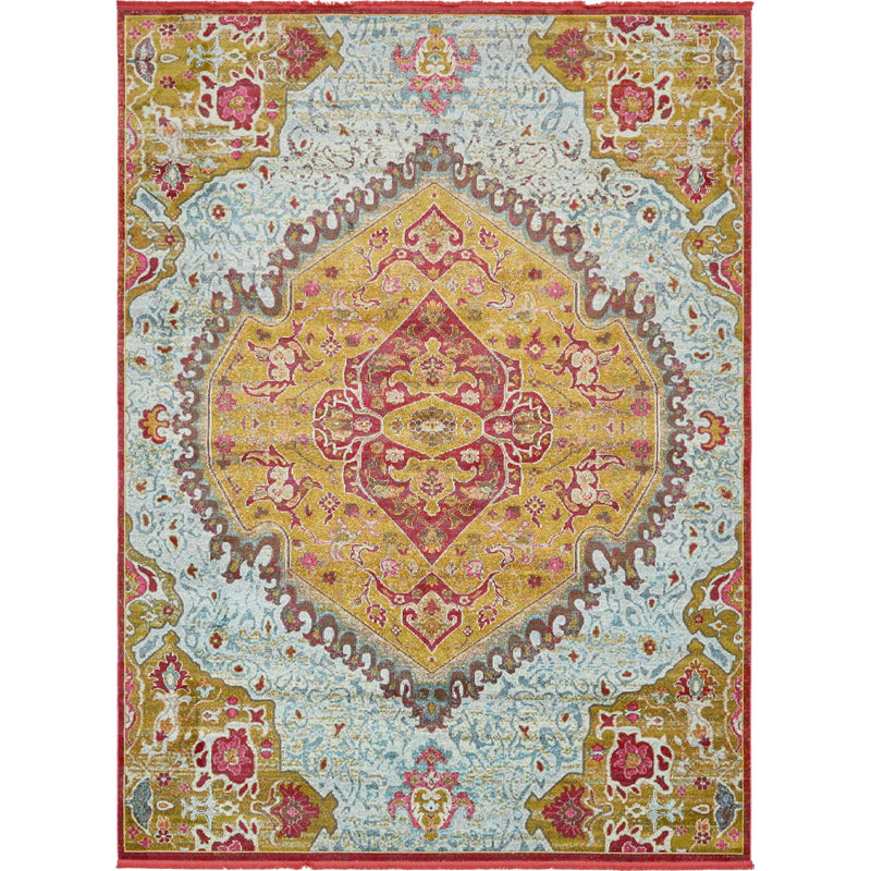 Tapis oriental jaune / rouge Folmar, Rectangle 2 pi 2 po x 3 pi 1 po