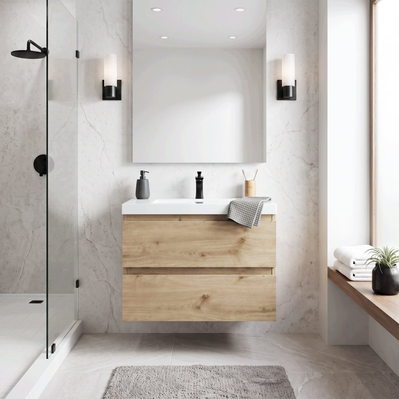 Meuble-lavabo suspendu en mélamine de bois de 75 cm (29,53 po) avec portes à fermeture amortie et lavabo intégré en résine, entièrement assemblé.