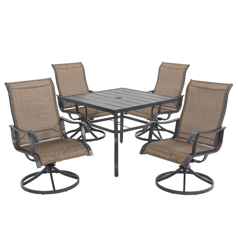 5-Piece Patio Iron Dining Set with Textilene Swivel Chairs, Brown and Black, Square, 4