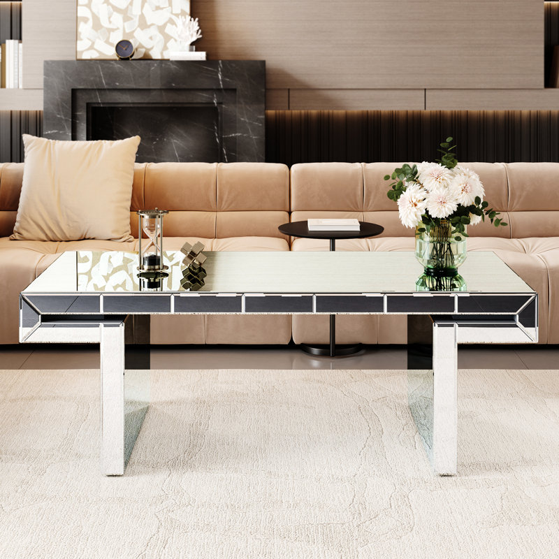 Table basse de luxe à miroir rectangulaire de 47 pouces, verre trempé cannelé, fini à la main, pour les rebords arrière rabattables de style contemporain, utilisation polyvalente dans le salon