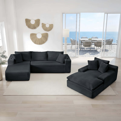 3-piece No-assembly Living Room Set, Plush Corduroy Modern Sectional Sofa With Loveseat And Chaise Lounge