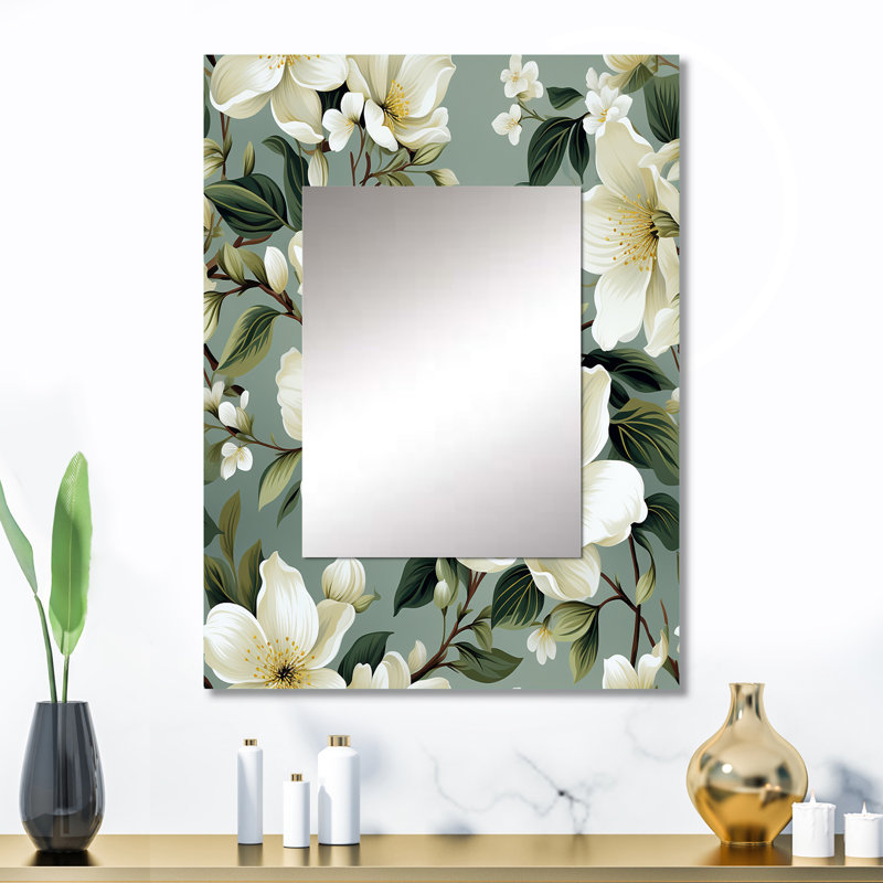 White Jasmine Flowers And Green Leaves - Floral Mirror Wall Decor, 32" x 24"