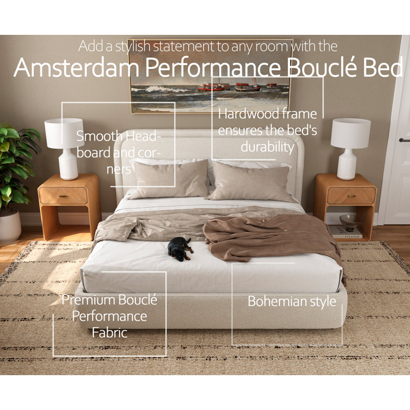 Performance Boucle Fabric Bed with Modern Thick & Smooth Headboard, Meliek