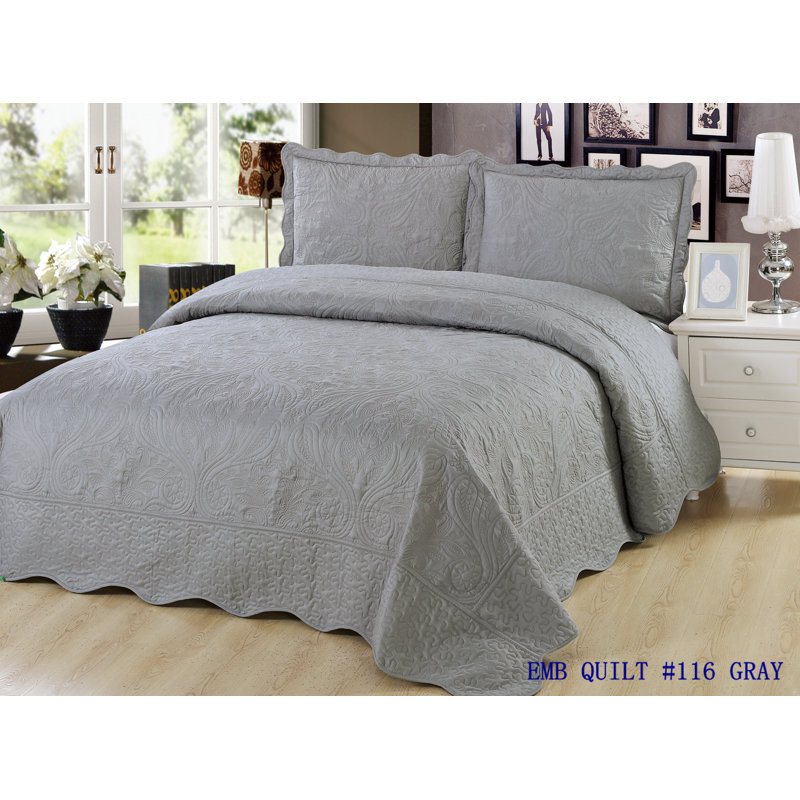 Ensemble de courtepointe brodée d'été 2 pièces Marina, Courtepointe simple + 1 taie décorative simple, gris