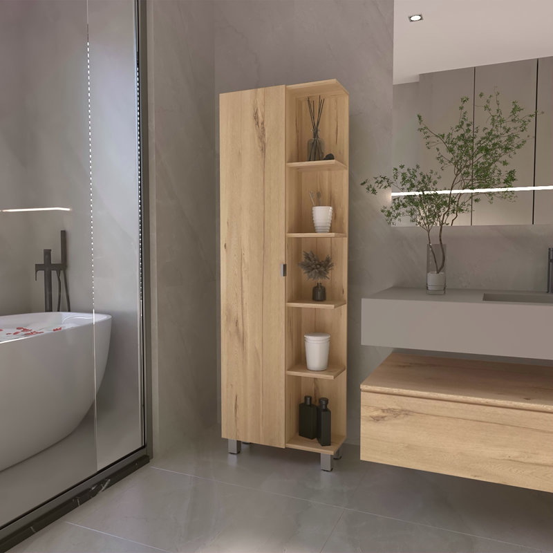 Stylish Tall Cabinet with Open and Hidden Storage, Versatile for Any Room and Decor., Light Brown Oak