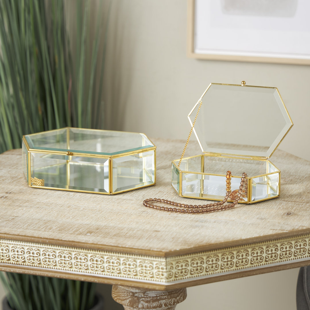 Glass Beveled Hexagon Geometric Decorative Clear Jewelry Box with Gold Metal Frame and Chain (Set of 2) Mercer41