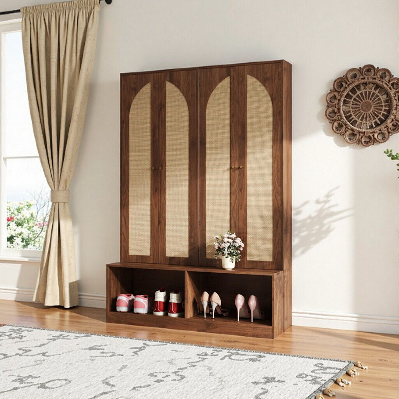 Elegant Farmhouse Hall Tree with Rattan Doors - 4-in-1 Entryway Storage Bench with Shoe Cabinet and Hooks, Walnut Finish