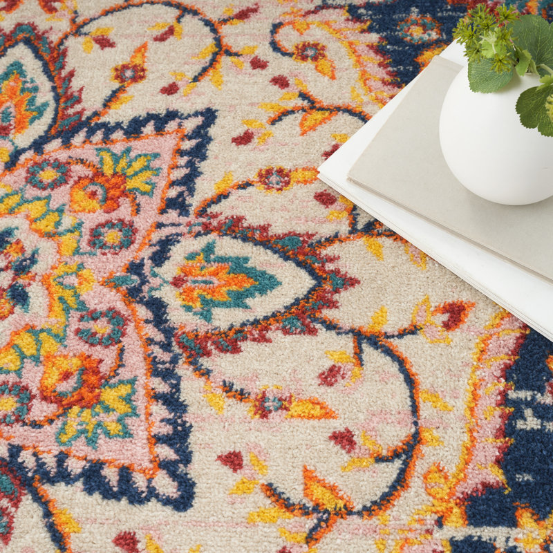 Tapis intérieur / extérieur bleu / beige en polypropylène tissé à la machine Bloomburg, Rectangle 5 pi 3 po x 7 pi 3 po