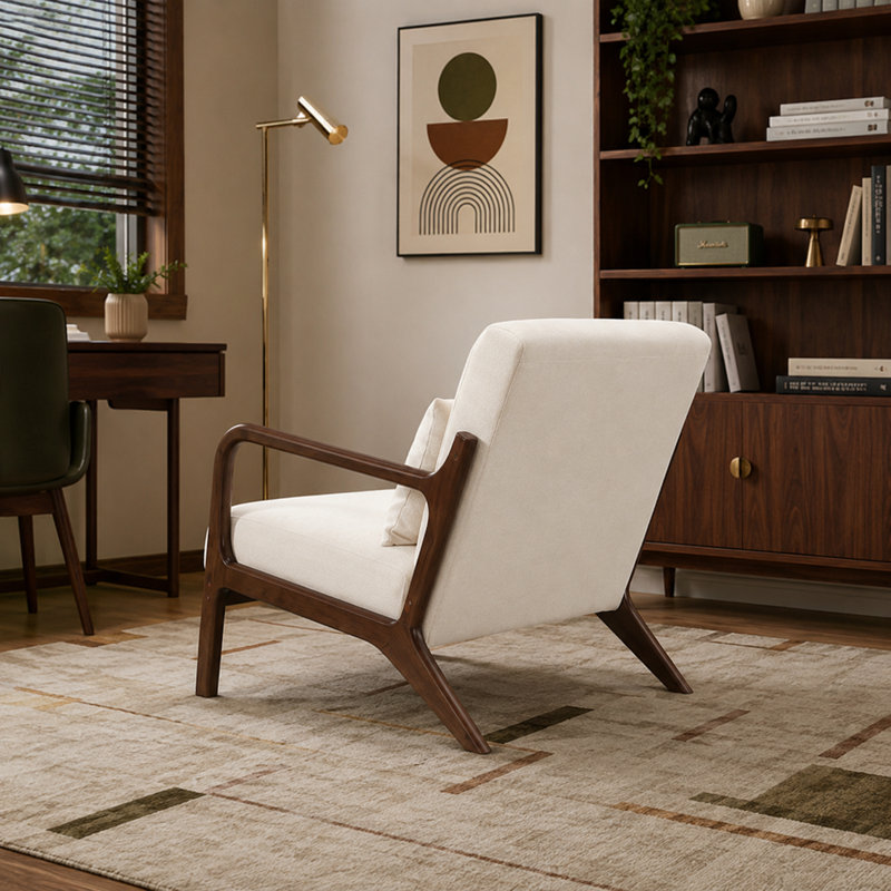 Fauteuil d'appoint Mid Century, Blanc antique et lin en coton, Noyer foncé