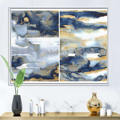 Bleu foncé et or abstrait II - cadre flottant, peinture sur toile