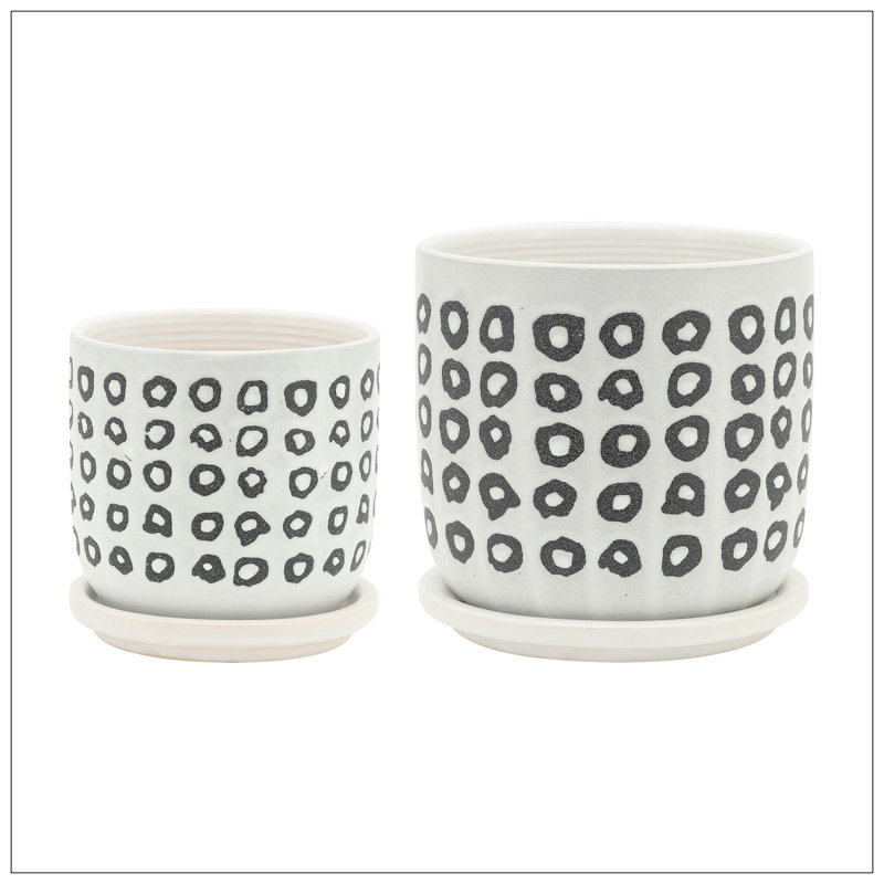 S/2 5/6" AZTEC PLANTER W/ SAUCER, BLACK