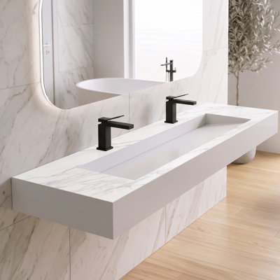 Pyramid 72" Wall Mounted Rectangular Solid Surface Bathroom Trough Sink in Matte Finish - White Carrara, With Faucet Holes