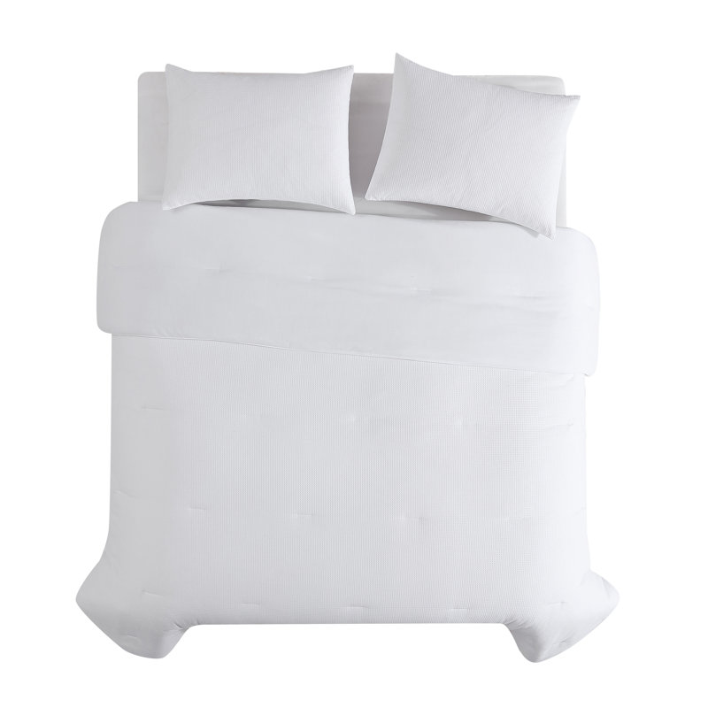Queen White Cotton Blend Waffle Comforter Set
