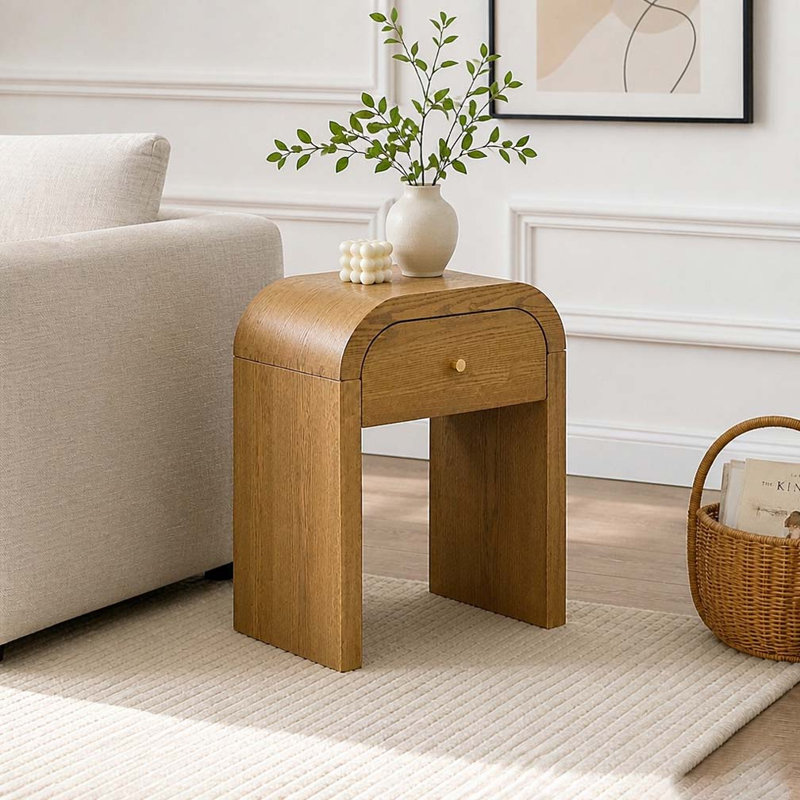 Table d'appoint incurvée en noyer avec tiroir - Table de chevet à bord arrondi