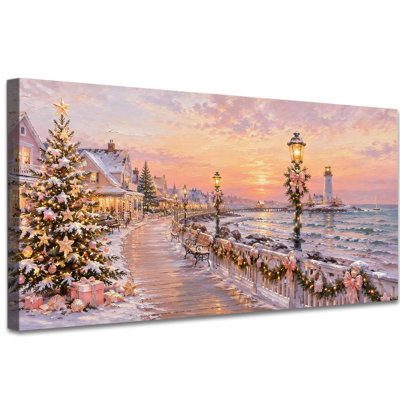 Tableau de Noël sur toile représentant un village enneigé, un sapin de Noël sur la plage, un coucher de soleil festif, une œuvre d'art rustique pour décorer un salon, un foyer ou une chambre (50 x 100 cm).