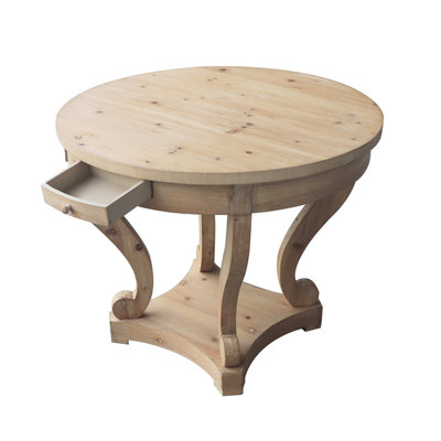 Natural Wood Distressed Round Accent Table, Farmhouse Style End Table with Curved Legs & Drawers