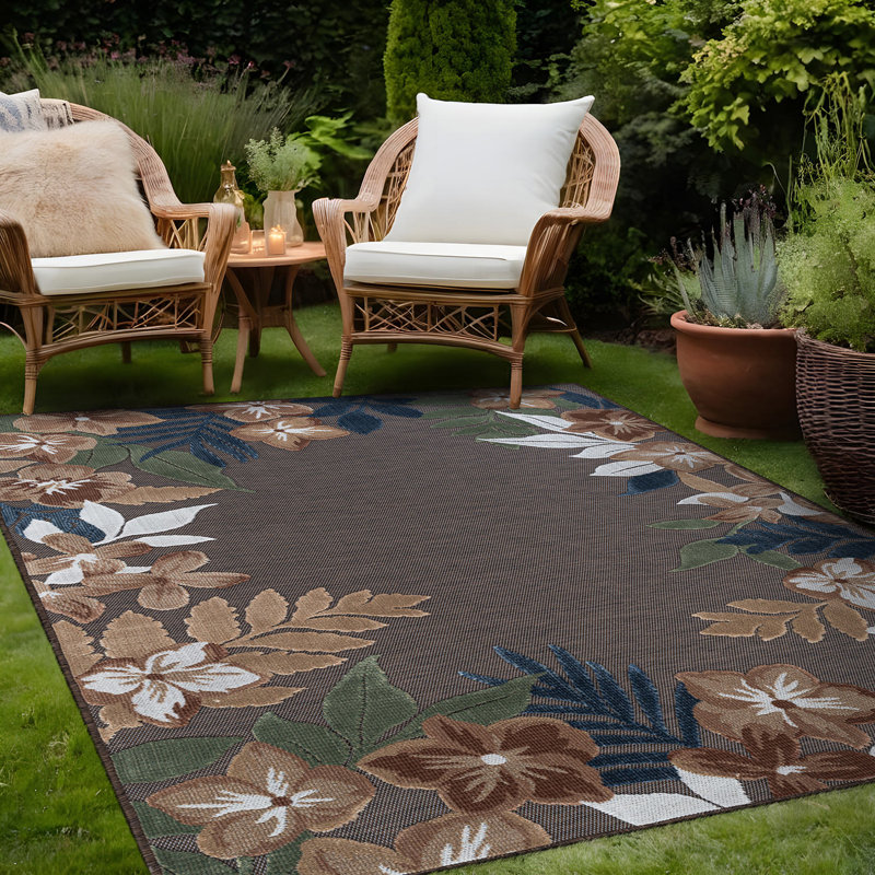 Tapis floral d'intérieur pour l'extérieur, Brown, Rectangle 6' x 9'