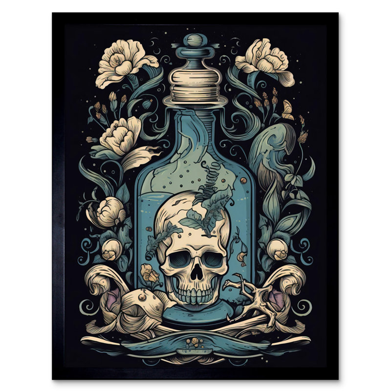 Cliffsage Skull Glass Jar And Flowers Tattoo Ink Body Art Rockabilly Americana 50s - Single Picture Frame Print