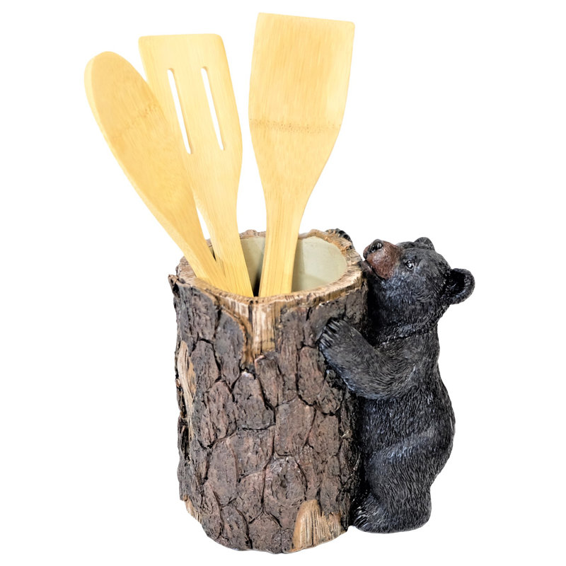 Resin Rustic Kitchen Utensil Holder Black Bear Tree Trunk Design