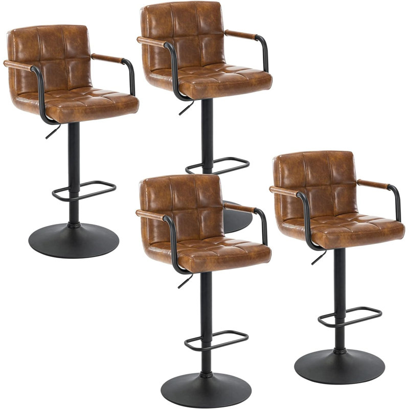 Tabouret de bar rembourré et réglable en hauteur brun clair 4 pièces avec structure en métal, Marron clair
