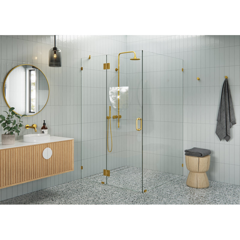 Halo 47 in. x 48 in. x 78 in. 90-degree Fully Frameless Glass Hinged Shower Enclosure, Satin Brass