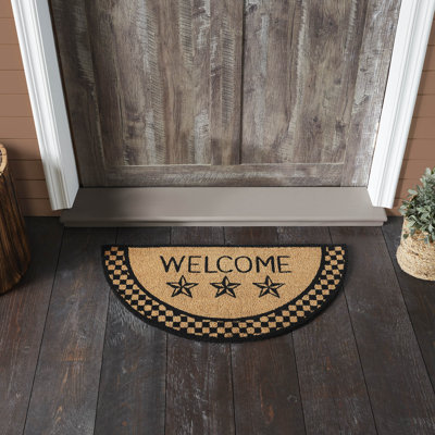 Black Check Stars Coir Welcome Rug Half Circle 16.5x33