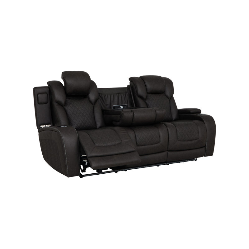 Fauteuil inclinable électrique 3 places en microfibre gris foncé, avec tablette rabattable, console, sans fil, éclairage DEL, coussins fermes, structure interne en bois, 2 ports d'inclinaison, accoudoirs rembourrés.