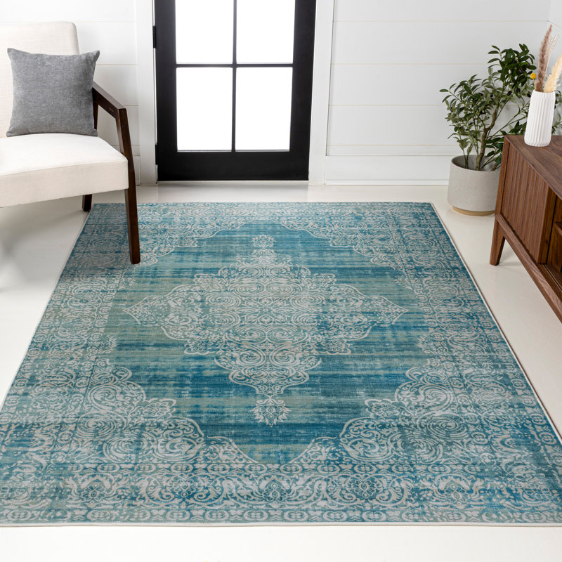 Tapis bleu sarcelle / crème Regis Bohemian Medallion, Rectangle 3 pi 11 po x 6 pi