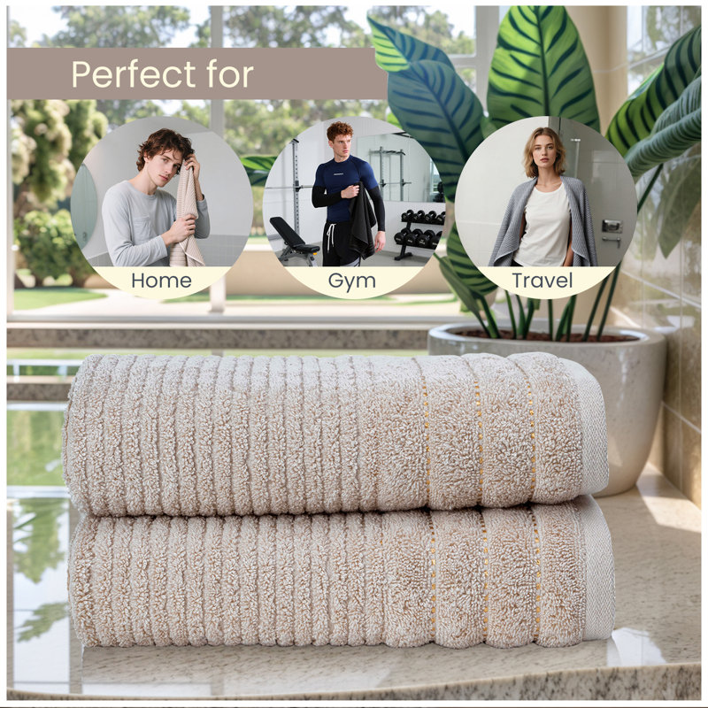 Premium Ribbed Cotton Bathroom Towel Collection, Soft & Plush, Fast Absorbing Hand, Bath Towels & Bath Sheets - 2 Pack