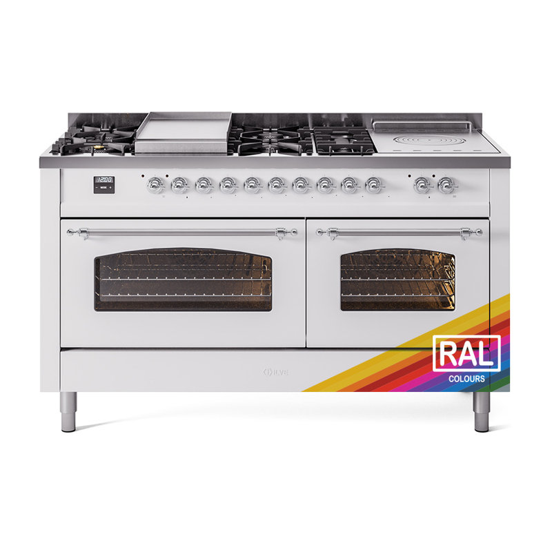 ILVE Nostalgie II 60 Dual Fuel Range, 5 Burners, Griddle, Frenchtop , RAL Color/Chrome, Natural Gas