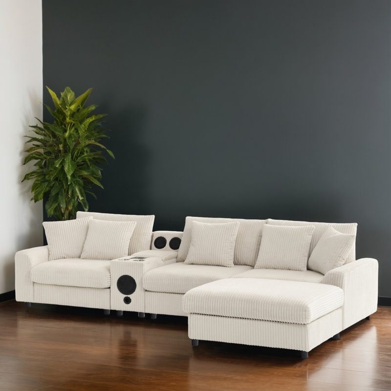 Canapé modulaire 114 po réversible en forme de L avec haut-parleurs Bluetooth et chargeur USB pour le salon