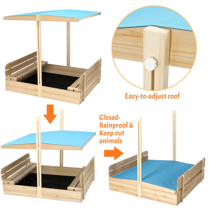 Sandbox With Lid And Cover For Kids With Canopy, Retractable Roof, UV-Resistant Sandbox W/2 Foldable Bench Seats For Backyard, Patio, Outdoor Play