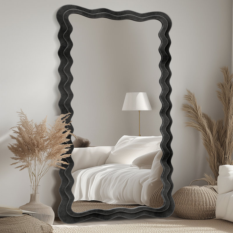 Irregular Wavy Mirror, Large Floor Standing Mirrors Wall Mounted with Flannel Wrapped Frame for Bedroom & Living Room, Black