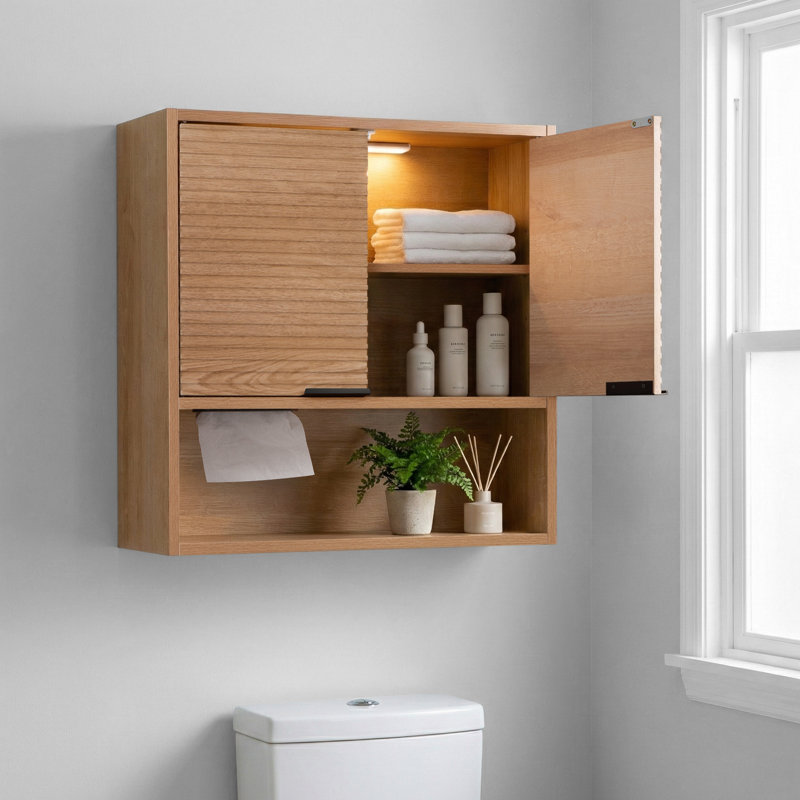 Wall-mounted Bathroom Over-the-toilet Cabinet With Motion Sensor Led And Built-in Tissue Holder In Natural Oak, Oak