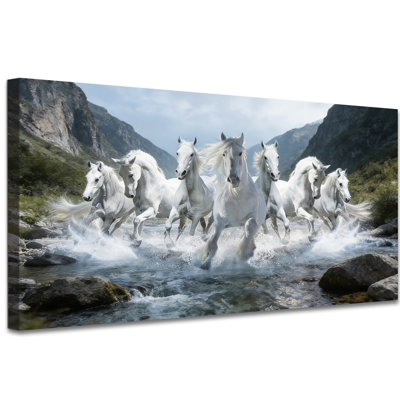 Horse Canvas Wall Art, White Horses Running Through Mountain Stream, Dynamic Animal Picture Prints, Canvas Prints Poster Painting, Horse Decor for Living Room Bedroom Office, Ready To Hang, No Frame, 12×24 Inches