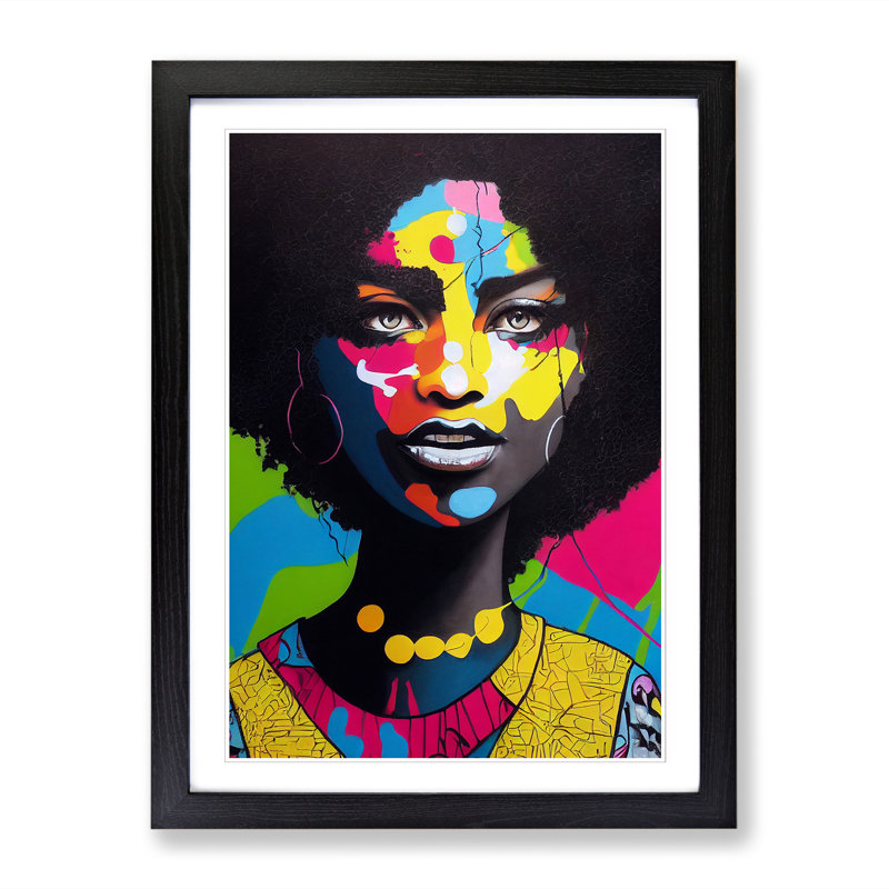 FRM-V0523-2935X Woman With Afro Graffiti Art - Single Picture Frame Print, Black, 34cm H x 25cm W x 2cm D