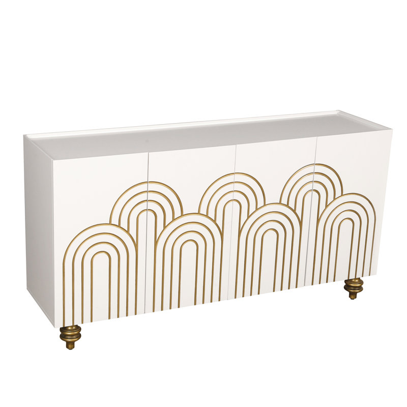 Armoire cannelée de rangement moderne à 4 portes Baillie, tablettes réglables, cuisine blanche, salle à manger convenable, buffet en matériau vivant avec couture blanche