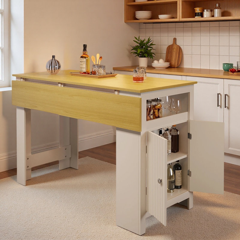 Table de salle à manger 3 en 1 avec plateau pliable, armoire fermée, tablette réglable, compartiment ouvert et crochets latéraux