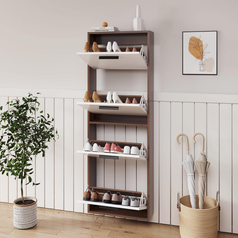 Latitude RunÂ® Shoe Cabinet , Wall Mounted Shoe Organizer With 4 Flip Drawers, Walnut/White, 57.2" H x 15.7" W x 6.3" D