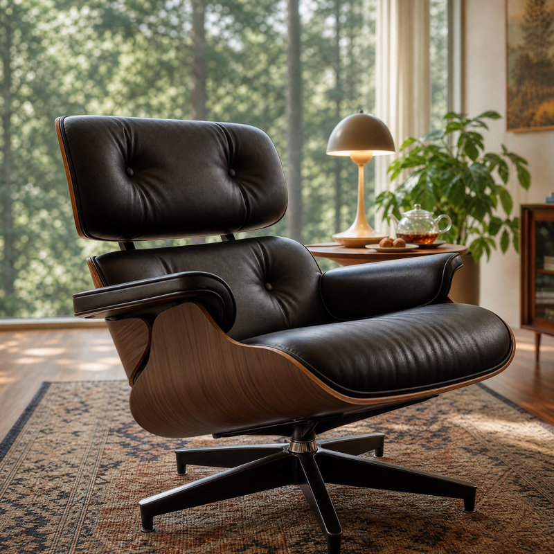 Top Grain Leather Swivel Lounge Chair And Ottoman With Armrest, Black Top Grain Leather, Brown Walnut