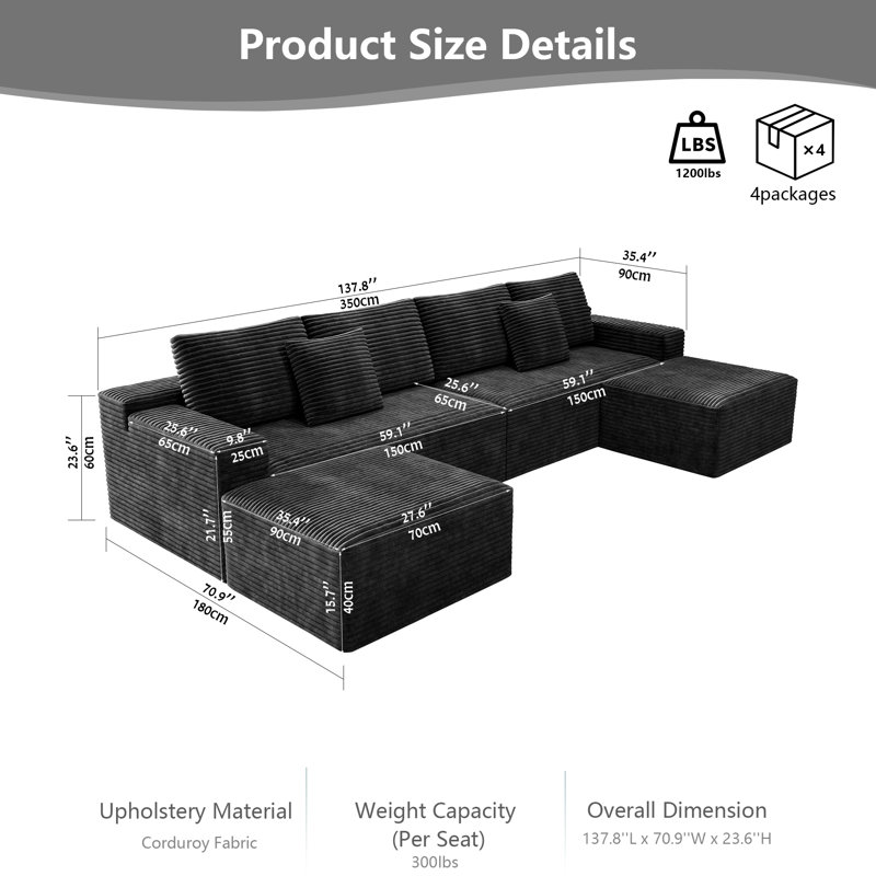 Boneless U-Shaped Sectional Sofa with 2 Ottomans, Plush Corduroy Fabric Modular Couch, No Assembly Required, Upholstered Seating Group, 6-Seat Capacity