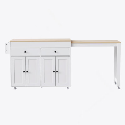 74.5 Inch Extendable Dining Table Kitchen Island With Wheels, Spice Rack, 2 Drawers, And 4 Door Cabinet For Versatile Storage And Functionality