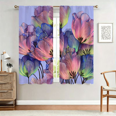 2Pcs Vivid Tulip Curtains, light filtering fabric, artistic floral print pattern, decorative window treatments, rod-pocket design, suitable for living room, bedroom, kitchen home decoration