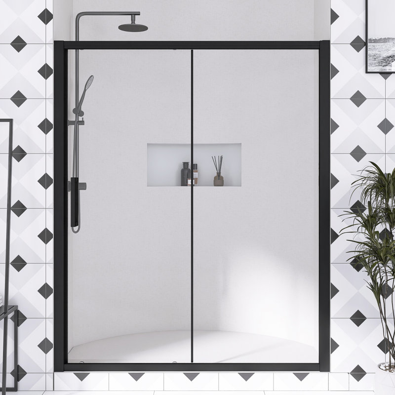 56-60 In. W × 72  In. H Matte Black Semi-Frameless Single Sliding  Shower Glass Pane with 1/4" Clear Tempered Glass  | Transparent Safety Film  | Aluminium Alloy  Guide | Reversible Installation