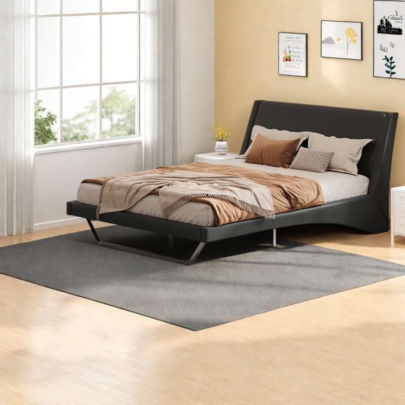 Grand lit moderne, structure en cuir PU avec design incurvé, chambre à coucher