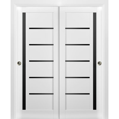 Portes coulissantes de placard Quadro 4588 Blanc Soie avec rails robustes en verre noir, moulures, garnitures et quincaillerie incluses, en bois massif, pour portes de placard de chambre à coucher - 213 cm x 203 cm (2 x 107 cm x 203 cm) - Verre noir