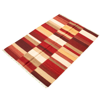 Tapis décoratif en laine noué à la main de conception unique noué à la main New Age 5 pi 3 po x 7 pi 5 po rouge/brun/beige