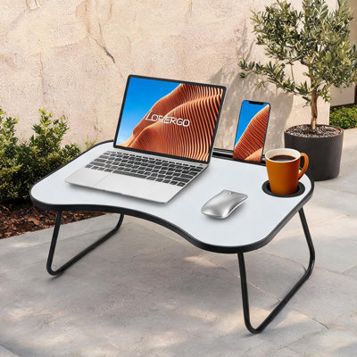 Bureau d'écriture pour ordinateur portable avec porte-gobelet, panneau de fibres à densité moyenne pliable et métal, 23,8 po x 15,8 po