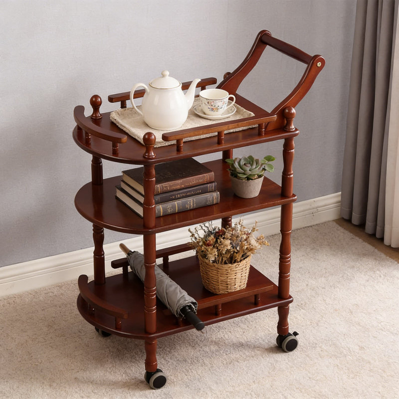 Mid-Century Modern Bar Cart With 3-Tier Storage, Mobile Serving Cart For Kitchen Or Entertainment, Made Of Durable Rubberwood With Smooth Rolling Wheels